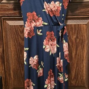 By & By Navy Wrap Midi Dress with Coral Floral Print
